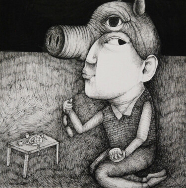 Zeichnungen mit dem Titel "Masque cochon" von Hanna Chroboczek, Original-Kunstwerk, Tinte