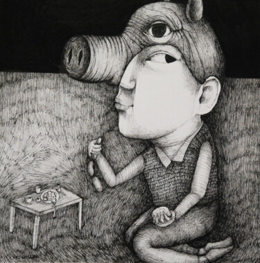 Masque cochon Dessin intitulée "Masque cochon" par Hanna Chroboczek, Œuvre d'art originale, Encre