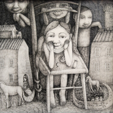 Zeichnungen mit dem Titel "La chaise haute" von Hanna Chroboczek, Original-Kunstwerk, Tinte