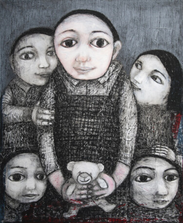 Картина под названием "5 fillettes et un d…" - Hanna Chroboczek, Подлинное произведение искусства, Акрил Установлен на Дерев…