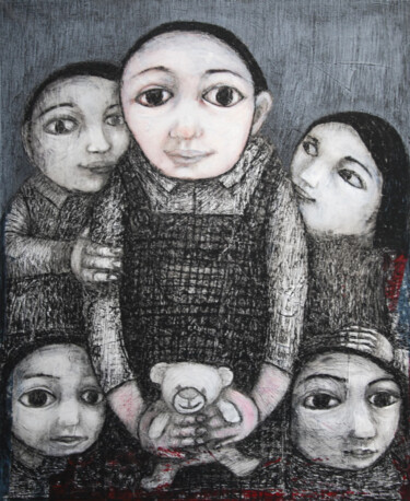 5 fillettes et un doudou nounours Painting titled "5 fillettes et un d…" by Hanna Chroboczek, Original Art, Acrylic Mounted on Stretcher frame