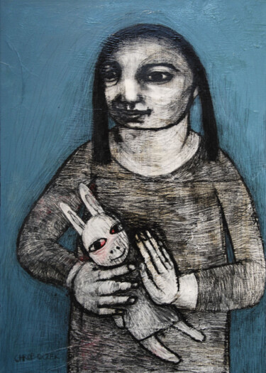 Картина под названием "La fille au doudou…" - Hanna Chroboczek, Подлинное произведение искусства, Акрил Установлен на Деревя…