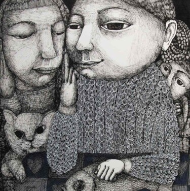 Chat et poisson Dessin intitulée "Chat et poisson" par Hanna Chroboczek, Œuvre d'art originale, Encre