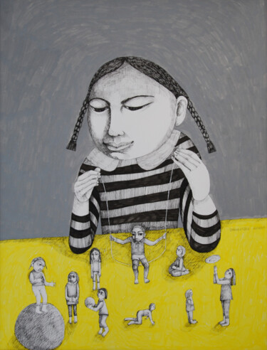 Malerei mit dem Titel "Fillette et petits…" von Hanna Chroboczek, Original-Kunstwerk, Tinte