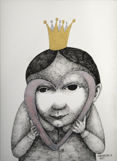 Tekening getiteld "Enfant couronné et…" door Hanna Chroboczek, Origineel Kunstwerk, Inkt