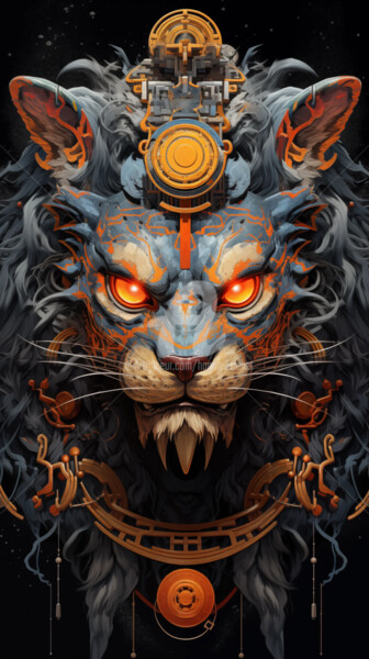 Digitale Kunst mit dem Titel "Blue lion" von Hanna Kochet, Original-Kunstwerk, KI-generiertes Bild