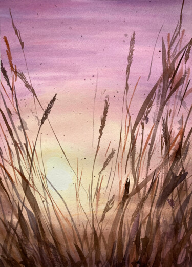 Malerei mit dem Titel "Sunset in the Field" von Hanna Kopylova, Original-Kunstwerk, Aquarell