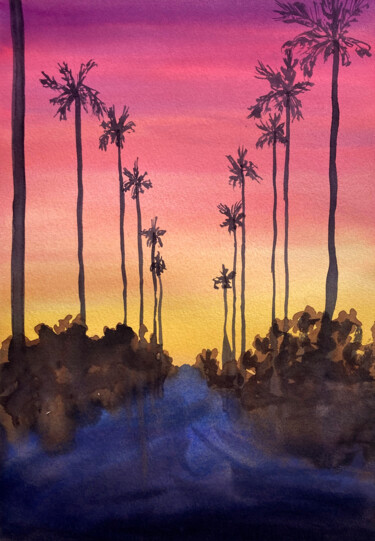 Peinture intitulée "Tropical sunset" par Hanna Kopylova, Œuvre d'art originale, Aquarelle