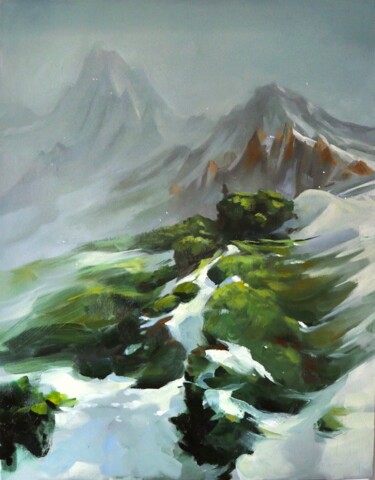 Painting titled "Snow on the grass.…" by Hanna Melekhavets, Original Artwork, Oil Mounted on Wood Stretcher frame