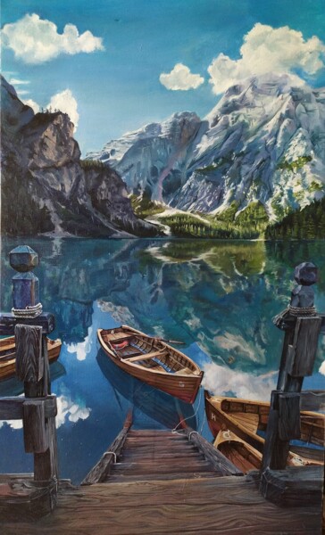 Painting titled "Lake Braies in the…" by Hanna Melekhavets, Original Artwork, Oil Mounted on Wood Stretcher frame