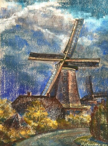 Drawing titled "Storm near the Mill" by Hanna Potapenko, Original Artwork, Pastel