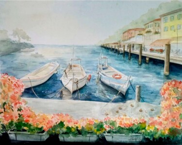 绘画 标题为“Boats on the pier” 由Hanna Samoilenko, 原创艺术品, 水彩