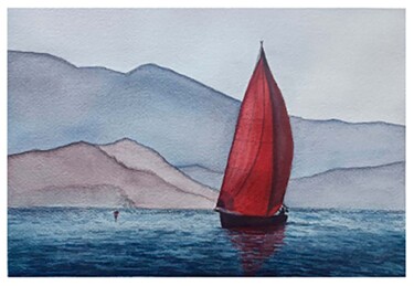 Painting titled "Red sailboat" by Hanna Samoilenko, Original Artwork, Watercolor