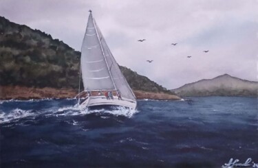 Malerei mit dem Titel "Yacht trip" von Hanna Samoilenko, Original-Kunstwerk, Aquarell