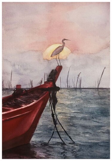 Schilderij getiteld "Heron at sunset" door Hanna Samoilenko, Origineel Kunstwerk, Aquarel