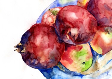 Schilderij getiteld "Juicy Pomegranates" door Hanna Sharko, Origineel Kunstwerk, Aquarel