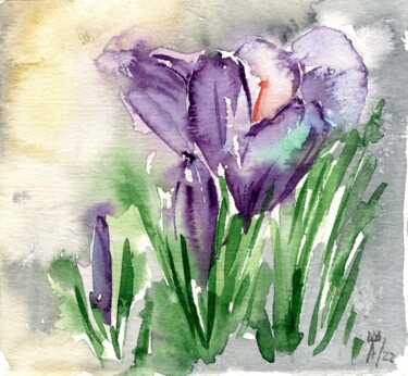 Pintura titulada "PURPLE CROCUS" por Hanna Sharko, Obra de arte original, Acuarela