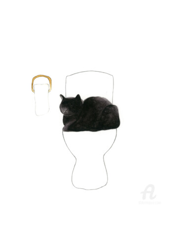 Painting titled "Cat on Toilet" by Hannah Crouch, Original Artwork, Watercolor