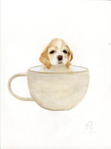 Schilderij getiteld "Puppy in Teacup" door Hannah Crouch, Origineel Kunstwerk, Aquarel