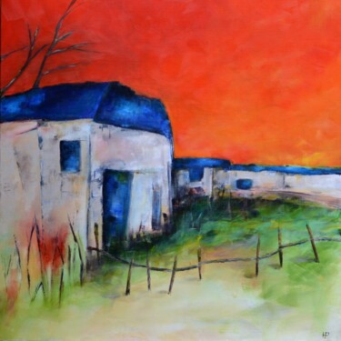Painting titled "Red sky" by Hanneke Pereboom, Original Artwork, Oil Mounted on Wood Stretcher frame