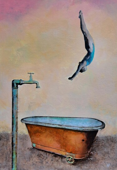 Painting titled "She is diving in he…" by Hanneke Pereboom, Original Artwork, Acrylic Mounted on Wood Stretcher frame