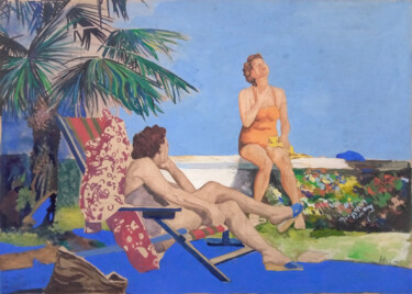 Schilderij getiteld "Zwei Frauen am Gard…" door Hannes Hofstetter, Origineel Kunstwerk, Tempera