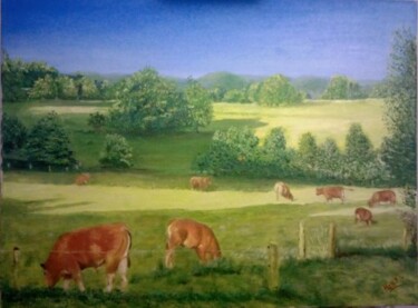 Peinture intitulée "Limousin cows in Co…" par Hans Dutch Artist, Œuvre d'art originale, Huile