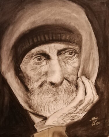 Drawing titled "Old man reflecting" by Hans Dutch Artist, Original Artwork, Charcoal
