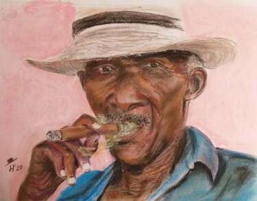 Painting titled "Cuban hombre smokin…" by Hans Dutch Artist, Original Artwork, Pastel