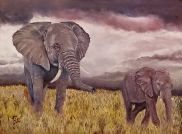 Schilderij getiteld "Elephants" door Hans Dutch Artist, Origineel Kunstwerk, Olie