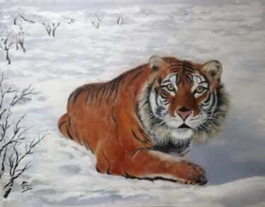 Schilderij getiteld "Seberian tiger in s…" door Hans Dutch Artist, Origineel Kunstwerk, Olie