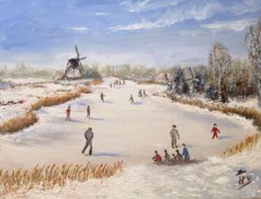Ζωγραφική με τίτλο "Winter in holland" από Hans Dutch Artist, Αυθεντικά έργα τέχνης, Λάδι