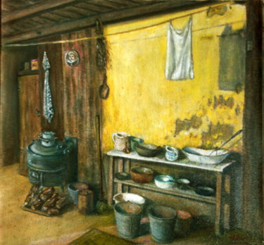 Pintura titulada "old dutch farm kitc…" por Hans Dutch Artist, Obra de arte original, Oleo Montado en Bastidor de camilla de…
