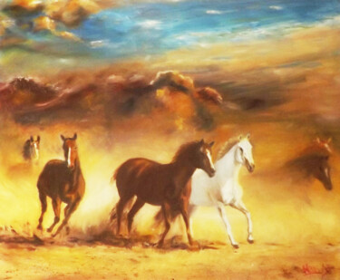 Pintura titulada "horses running befo…" por Hans Dutch Artist, Obra de arte original, Oleo