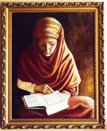 Painting titled "woman reading koran" by Hans Dutch Artist, Original Artwork, Oil