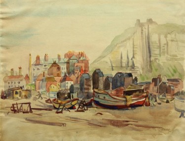 Malerei mit dem Titel "Stadtansicht Koblen…" von Hans - Jörg Ledig, Original-Kunstwerk, Aquarell Auf Karton montiert