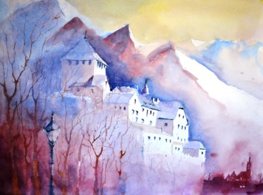 Peinture intitulée "Vaduz Castle" par Hans-Peter Amherd, Œuvre d'art originale, Aquarelle