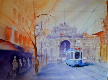 Malerei mit dem Titel "Zürich Bahnhofstras…" von Hans-Peter Amherd, Original-Kunstwerk, Aquarell