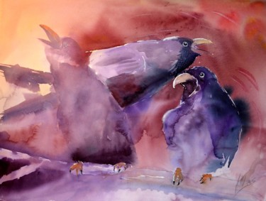 Peinture intitulée "Raven" par Hans-Peter Amherd, Œuvre d'art originale, Aquarelle