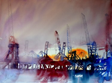 Peinture intitulée "Harbour" par Hans-Peter Amherd, Œuvre d'art originale, Aquarelle