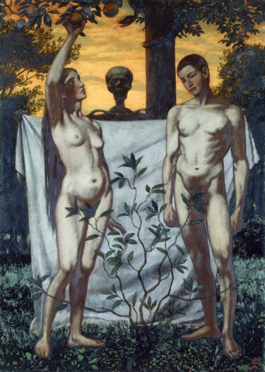 Malarstwo zatytułowany „Adam et Ève” autorstwa Hans Thoma, Oryginalna praca, Olej