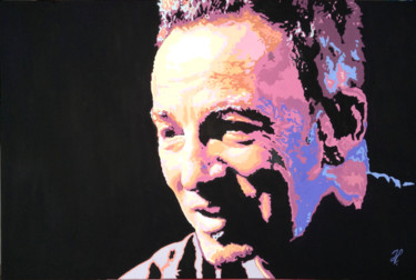 Painting titled "Bruce Springsteen" by Hans Veltman, Original Artwork, Oil Mounted on Wood Stretcher frame