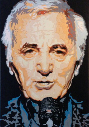 Painting titled "Charles Aznavour" by Hans Veltman, Original Artwork, Oil Mounted on Wood Stretcher frame