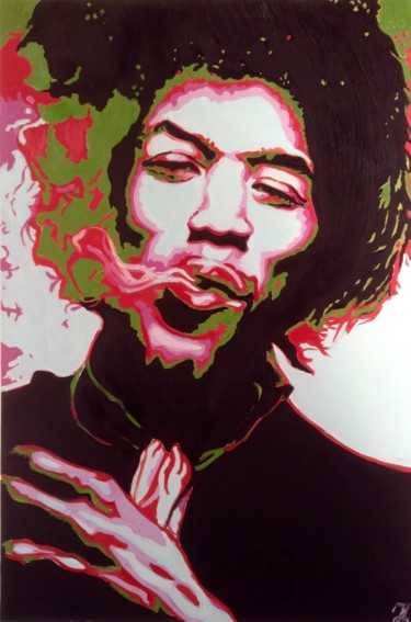 Painting titled "Jimi Hendrix Pop art" by Hans Veltman, Original Artwork, Oil Mounted on Wood Stretcher frame