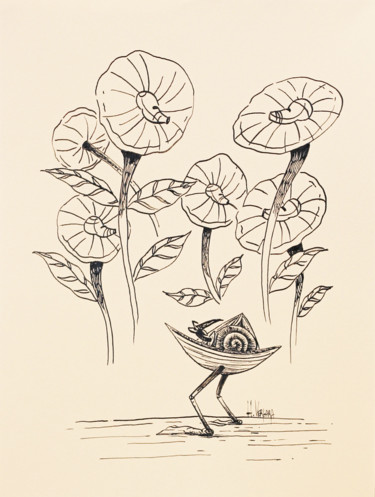 Drawing titled "Entre flores" by Hans Vergara, Original Artwork, Ink