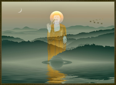 Digital Arts titled "Bouddha à la plume…" by Harald Dastis, Original Artwork, Digital Painting