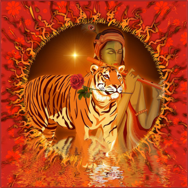 Arts numériques intitulée "Krishna avec tigre" par Harald Dastis, Œuvre d'art originale, Peinture numérique