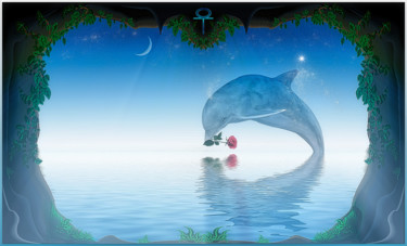 Arts numériques intitulée "le dauphin à la rose" par Harald Dastis, Œuvre d'art originale, Peinture numérique