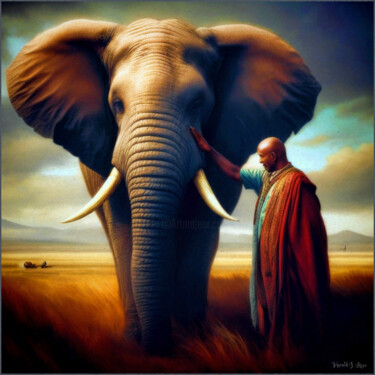 Digitale Kunst getiteld "Fürst und Elefant" door Harald Laier, Origineel Kunstwerk, AI gegenereerde afbeelding