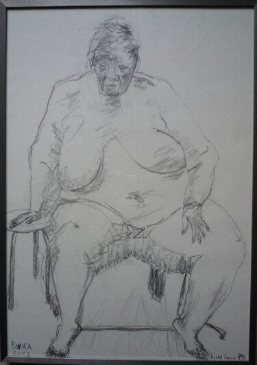 Drawing titled "Monika sitzend" by Harald Lange, Original Artwork, Pencil Mounted on Cardboard